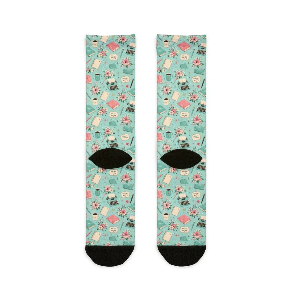 Floral Typewriter Writer Crew Socks | Teacup Pattern, Mint‎ Floral Socks